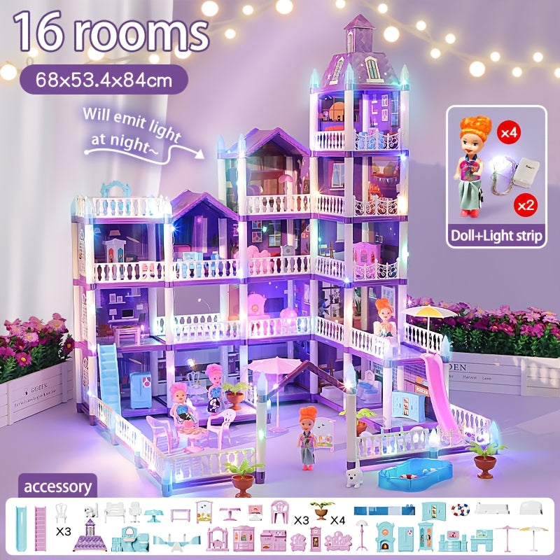 A Dollhouse Designed for Girls, Featuring 11 Rooms, Doll Figures, Puppies, Furniture, Additions, And LED Lighting, Making It an Ideal Playhouse Gift for Girls Aged 3 to 10
