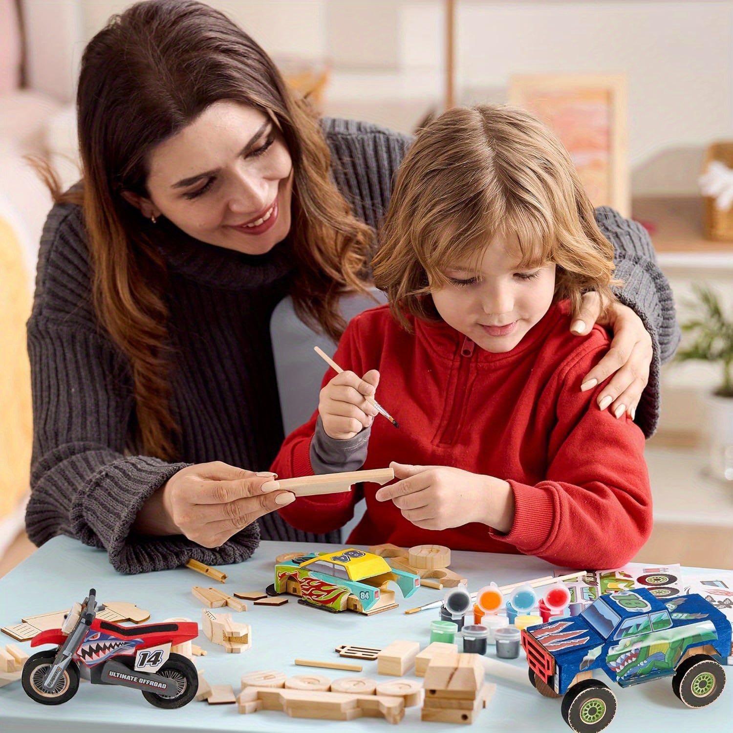 SYNCFUN Craft Set to Create And Decorate Your Own Wooden Race Car - Toy Kit for Building And Painting a Car Or Truck, Perfect Gifts for Kids