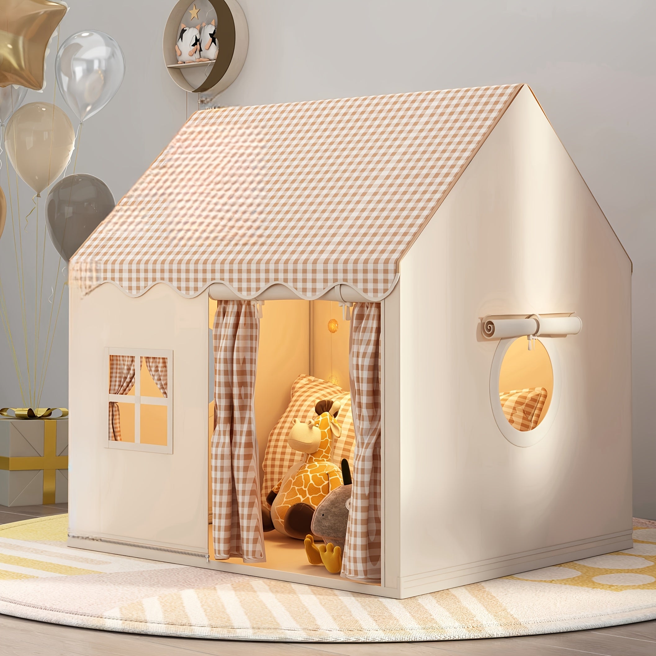 1 Indoor/ Outdoor Play Tent - Lovely Checked Cabin Style, Polyester, Perfect for Home Decor, Casual Entertainment and Role Playing Games. Perfect for Holiday Gifts, Holiday Decorations and Family Parties (Excluding Lights and Toys)