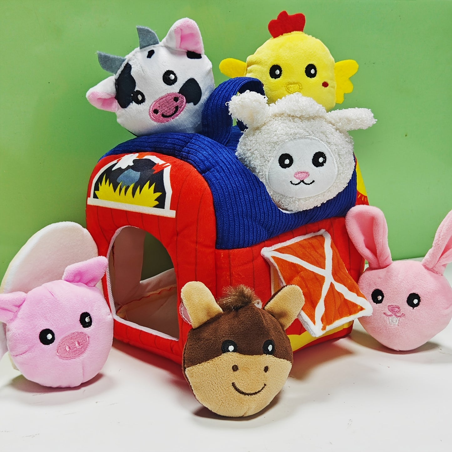 Portable Farm Playset, 6 Plush Animals with Barn, Rattle, Crinkle And Mirror, Sensory Learning Toy for Babies And Toddlers