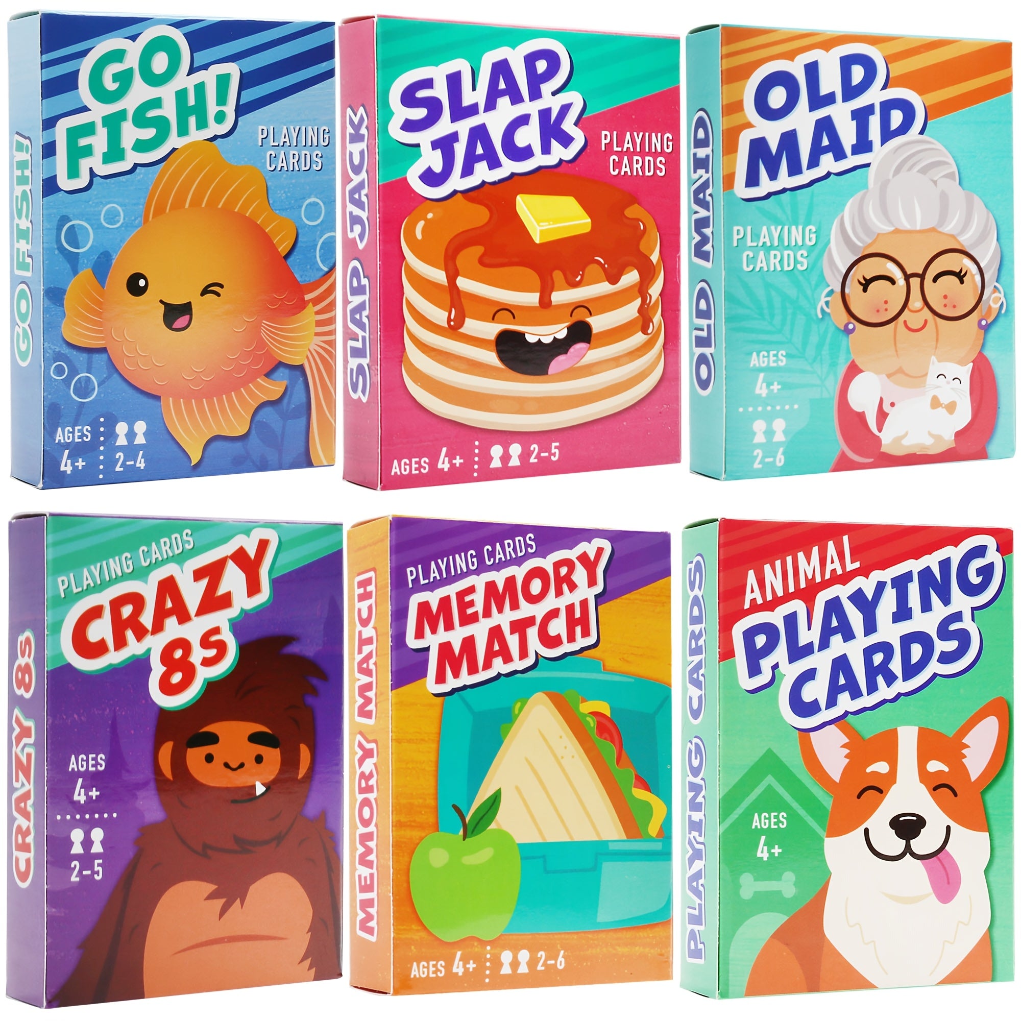 6-in-1 Kids Card Games with 6 Decks - Go Fish, Old Maid, Crazy Eights, Memory Match, Slap Jack & Animal Cards | Birthday & Christmas Games Suitable for &, Stocking Stuffers, Learning