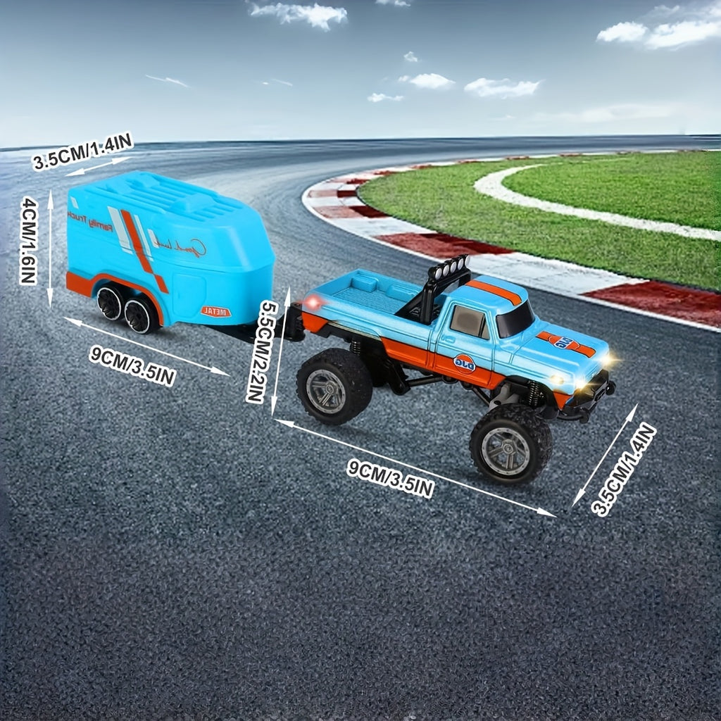 Mini RC Truck Toy, 2.4GHz Off-Road Alloy Truck, 1:64 Scale Mini RC Truck (with Trailer, Body Lights & Headlights), Crawler Toy, Adjustable Speed/Steering, Collectible Truck Model, Perfect Holiday Gift