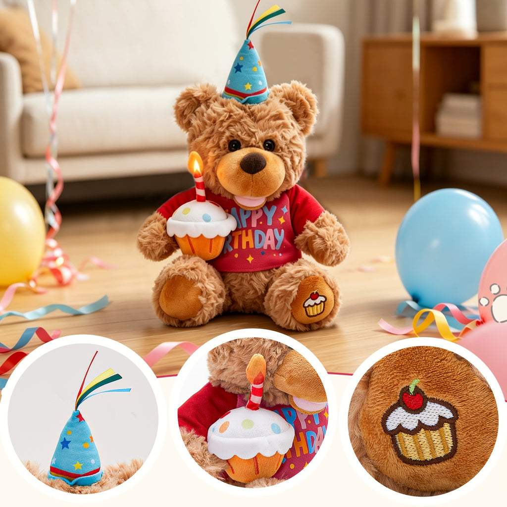 13.5-Inch Birthday Teddy Bear Interactive Plush Toy (Without Batteries), Electric Singing Music Plush with Cupcake, Glowing Candle Teddy Bear Gift for Kids Girls Boys Birthday Holiday Baby Shower, Perfect Present for Children, Super Soft