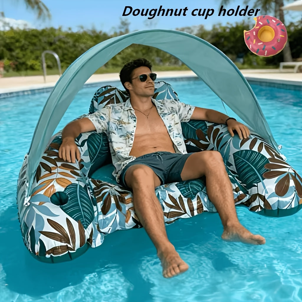 Inflatable Swimming Pool Floats With Canopies, Tropical Leaf-print Floating Loungers With Cup Holders, Perfect For Adult Summer Beach Parties, Pool Parties, Lakes, And More Excellent Water Toys
