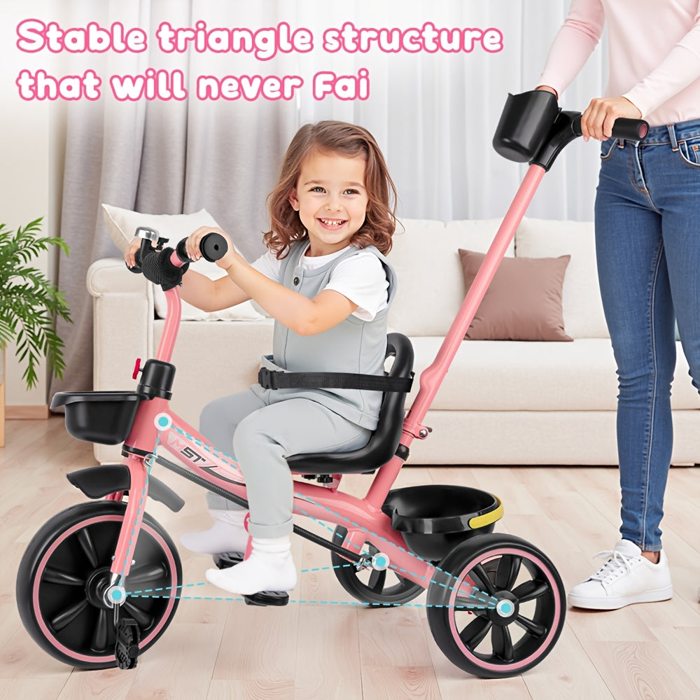 Tricycles For 18 - 60 Months, Toddler Bike, Birthday Gift And Toy For Boys And Girls, Toddler Tricycle With Parent Push Handle, Trike With Backrest And Safety Belt, Pink, For Day