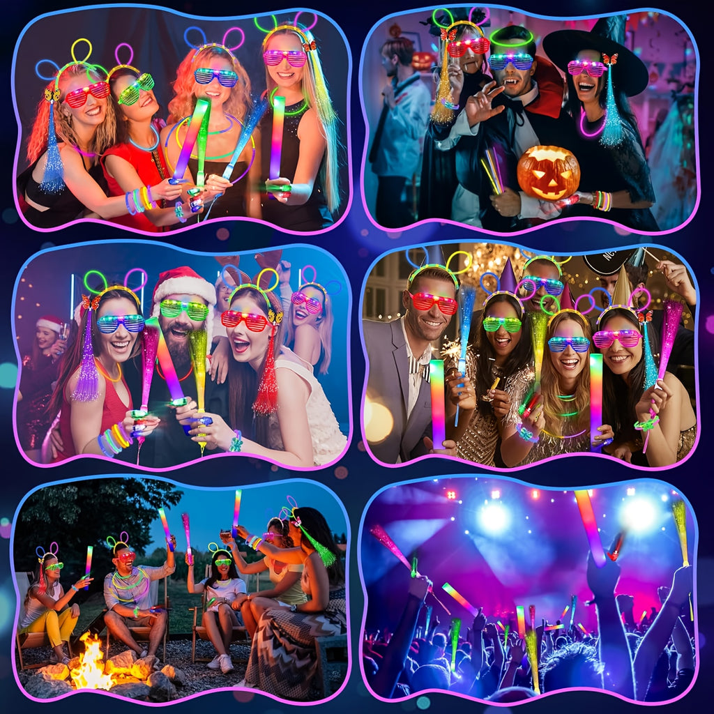MEZHOBBY 120pcs Glow In The Dark Party Supplies, Including Glow Rings, Glowing Ring, LED Glasses, Glow Sticks And LED Hair Clips Fiber Optic for Neon Party, Wedding, Birthday, Concert, New Year