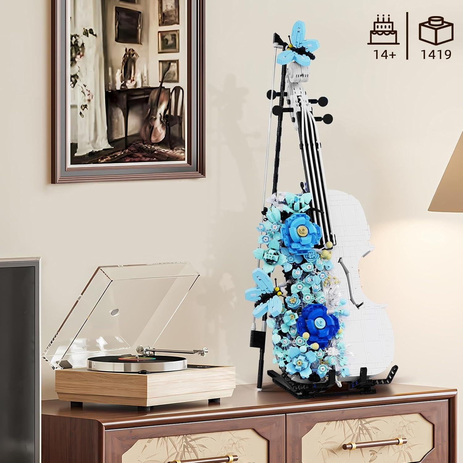 Flower Violin Building Blocks Sets for Adults - 3D Musical Instrument Model, Building Brick Set for Home Decor in The Living Room, Bedroom, Or Office - an Ideal Birthday, Christmas, Or Father'S Day Gift! 1419+PCS
