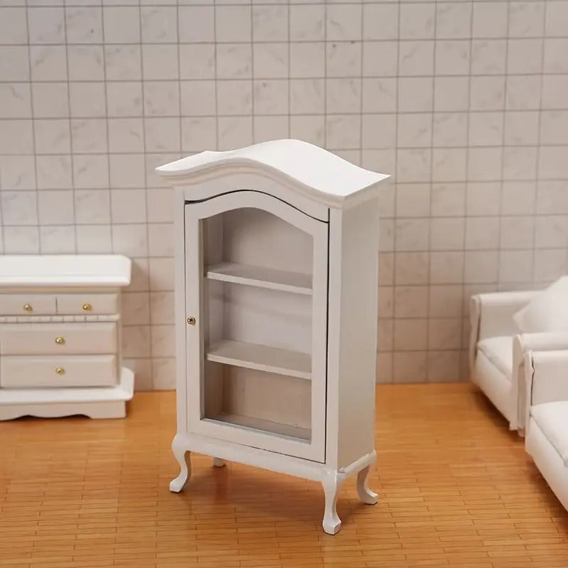 Scale White Artificial Wooden Mini Display Cabinet Model, with Mirror And 3 Glass Front Shelves - Suitable for Dollhouse Decoration, Photography Props, Weddings, And Living Room Scenes, Making It an Excellent Gift