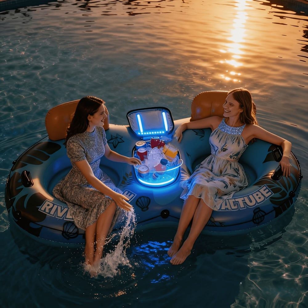 Heavy Duty Double Inflatable Pool Float Bed with Detachable Refrigerator, Suitable for Swimming Pools Rivers, Adult Float River Drifting Boat Lounge Chair with 2 Cup Holders