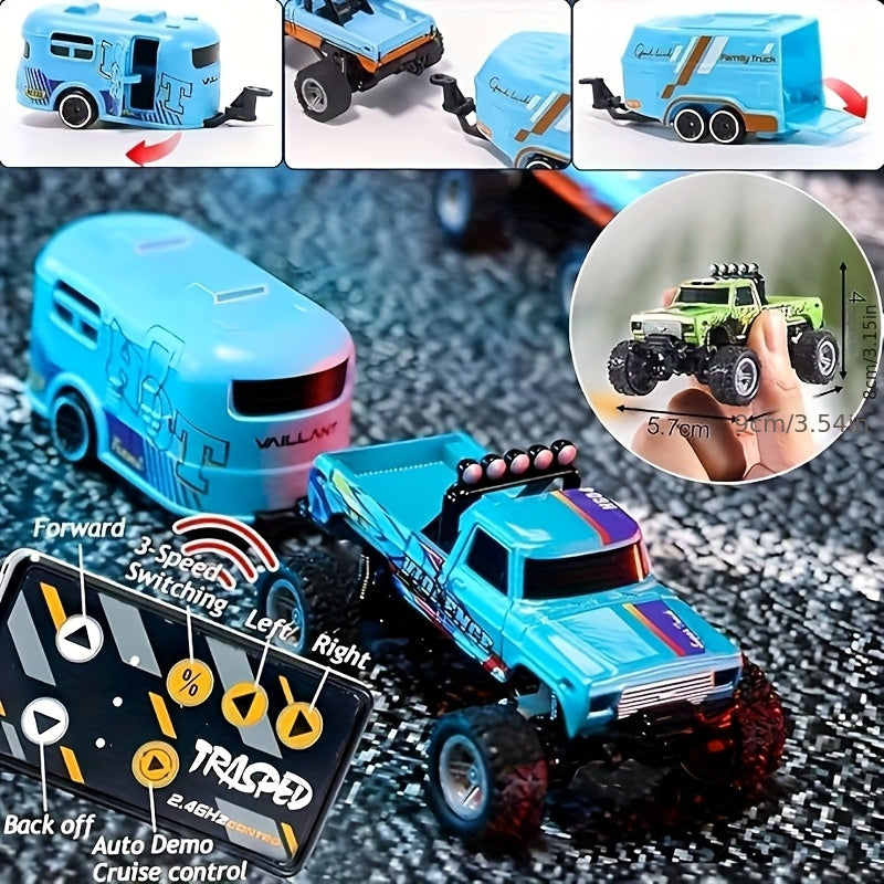 Small Die-Cast Remote-Controlled Vehicle, 1/64 Scale Mini RC Off-Road Truck with a Trailer, 2.4Ghz Climbing Vehicle, Rechargeable Die-Cast Mini RC Car with Lights, Adjustable Speed And Steering, Pocket-Sized Toy, Palm-Sized Toy