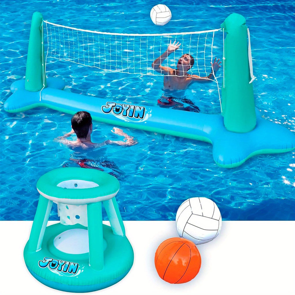 SYNCFUN Inflatable Pool Float Set Volleyball Net & Basketball Hoops, Floating Swimming Game Toy for Kids And Adults, Summer Floaties, Pool Party Games & Activities, Volleyball Court (105''x28''x35'') Basketball (27''x23''x27''), L-Blue