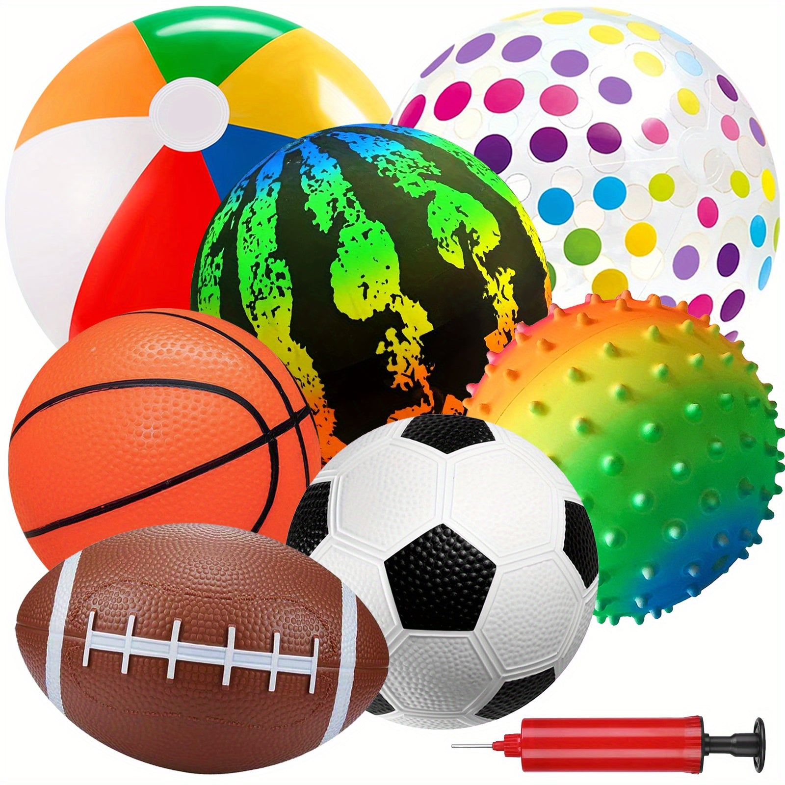 7pcs Ball Toy Set (with Air Pump) -10.6-inch Large Playground Ball to 6-inch Basketball/football/rugby, Suitable for Home, Yard, Pool, Classroom, Park Use, Ideal Party Gift for Children of 472.44inch+