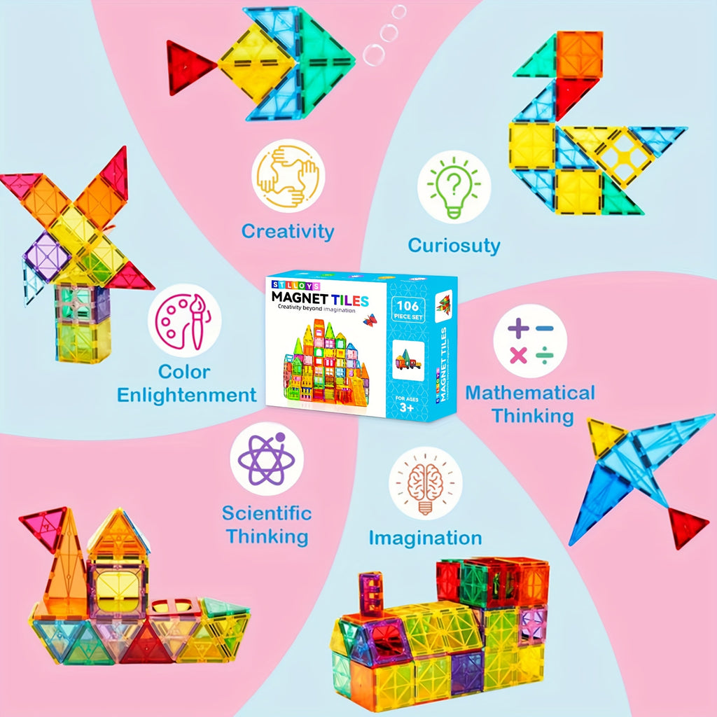 Magnetic Tiles 106pcs, 136pcs With 2 Cars, STEM Approved Educational Magnet Building Toys, Magnet Puzzles Stacking Blocks For Boys Girls, Best Birthday Christmas Gift For 3+ Years Old