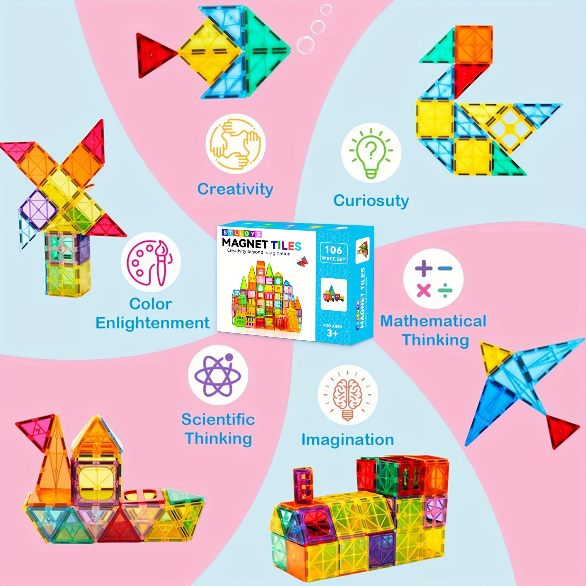 Magnetic Tiles 106pcs, 136pcs With 2 Cars, STEM Approved Educational Magnet Building Toys, Magnet Puzzles Stacking Blocks For Boys Girls, Best Birthday Christmas Gift For 3+ Years Old