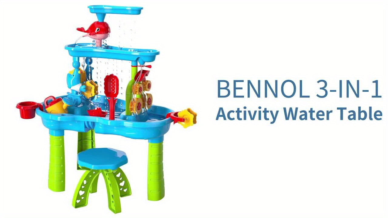 3-Tier Kids Sand Water Table with Shovel, Scoop & Strainer - Outdoor Blue Educational Sensory Play for Beach, Backyard, Summer Holidays