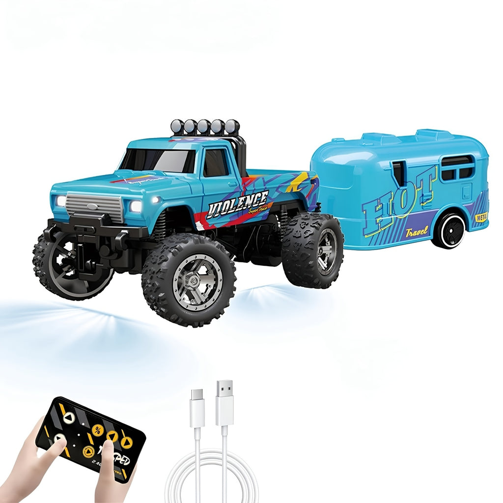 Small Die-Cast Remote-Controlled Vehicle, 1/64 Scale Mini RC Off-Road Truck with a Trailer, 2.4Ghz Climbing Vehicle, Rechargeable Die-Cast Mini RC Car with Lights, Adjustable Speed And Steering, Pocket-Sized Toy, Palm-Sized Toy