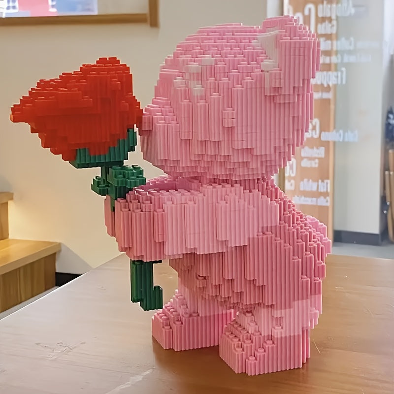 4051pcs of the rose bear, a romantic bear holding a rose, suitable for gifts, a great choice for couples and parents, high assembly difficulty
