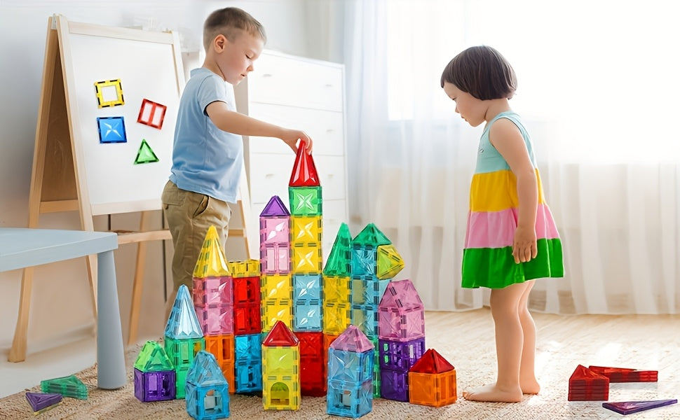 Magnetic Tiles, Deluxe 120pcs Building Blocks Magnet Toys for Kids, 3D Magnet Puzzles Stacking Blocks for Boys Girls, Huge Set with 2 Cars