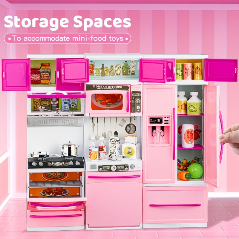 64pcs Pink Kitchen Toys with Lights And Sounds Mini Furniture Sets Doll Playset Toys
