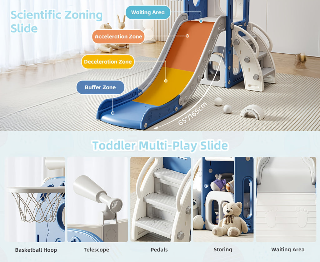 Toddler Slide Kids Climber Slides Baby Slider for Toddler, L Shaped Indoor Outdoor Playground Playset with Basketball Hoop, Storage, Telescope Toy Easy Assembly Gift for Boys And Girls