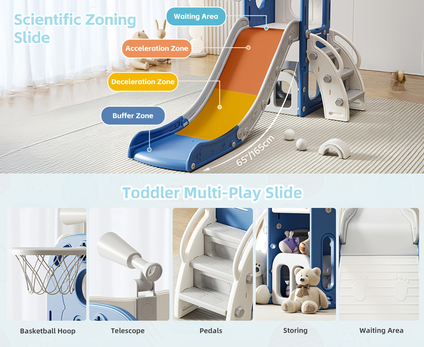 Toddler Slide Kids Climber Slides Baby Slider for Toddler, L Shaped Indoor Outdoor Playground Playset with Basketball Hoop, Storage, Telescope Toy Easy Assembly Gift for Boys And Girls