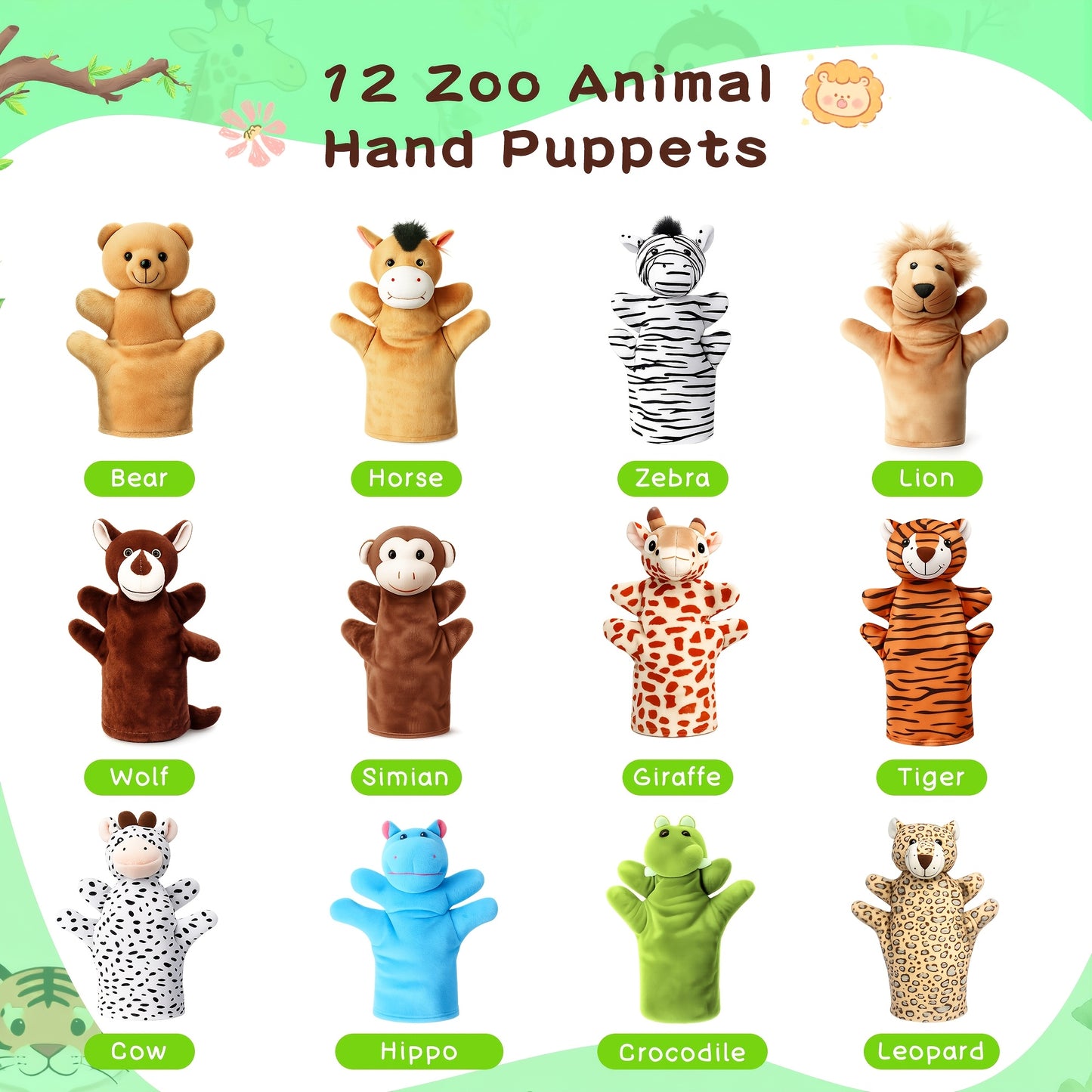 12pcs Hand Puppet Zoo Animal Plush Puppets Cute Animal Hand Puppets Plush Pretend Toys, with Tiger Lion Bear Leopard Design for Telling Story Teaching Role Play, Christmas, Halloween Special Gifts