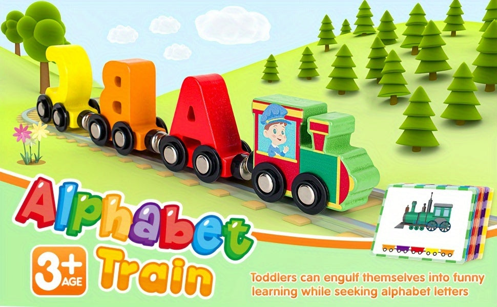 Magnetic Wooden Alphabet Train Sets, 27pcs ABC Letter Learning Toy Trains with 42pcs Flash Cards, 1 Engine, 1 Storage Bag, Kids Boys Girls Educational Toys for 3 4 5 6
