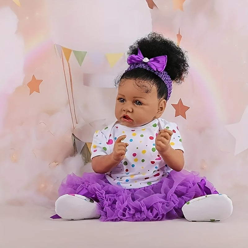 DAYOFF KIDS Reborn Baby Dolls, 21.5 Inch Reborn Doll, Vinyl Black Doll, Beautiful Pupils, African American Full Set Curly Hair Doll for Age 3 & Up -Hand-made Dolls, Hand-painted Paintings, Artworks And Collectibles Can Be Used As Holiday Gifts