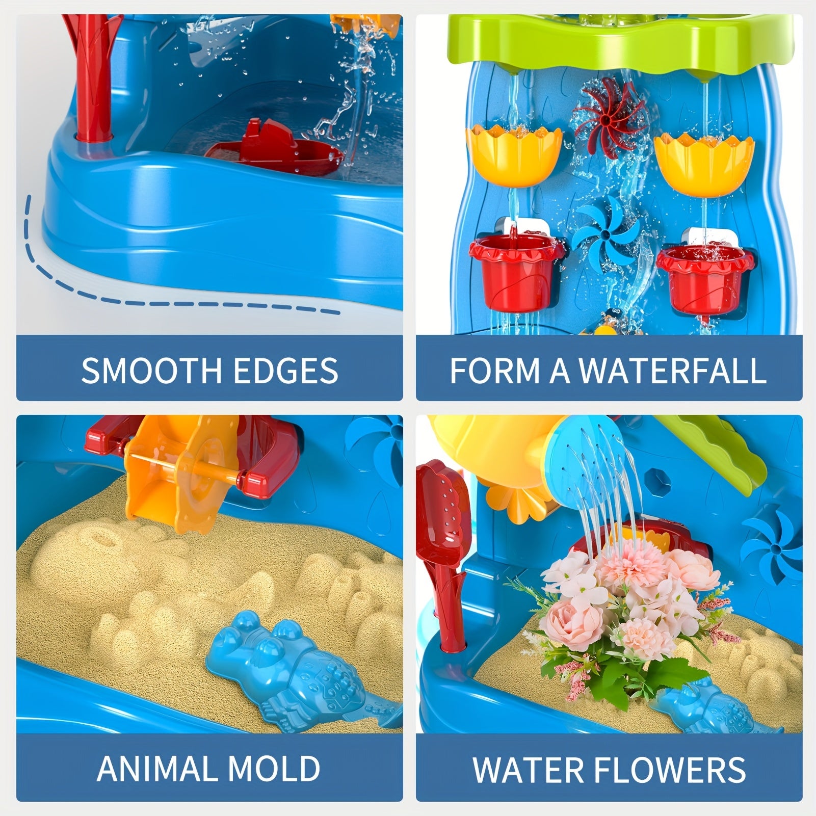 Babyhome Double-Sided Blue Waterfall Toys with Beach And Water Tools for Kids. Summer Holiday Activity Sensory Play Table for Outdoor Seaside, Birthday Christmas Easter Gift