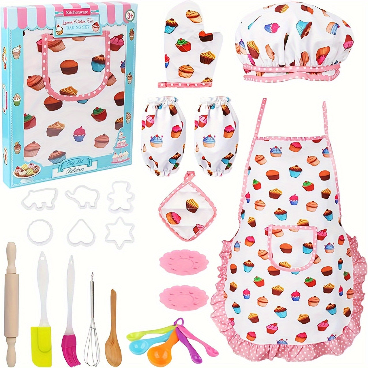 Cute Kids Cooking And Baking Sets, 24pcs Kids Aprons for Girls Kids Chef Hat Apron Dress Up Chef Costume, Little Girl Apron Sets Pretend Gifts for 3 4 5 6 7 8 Years Old Girls