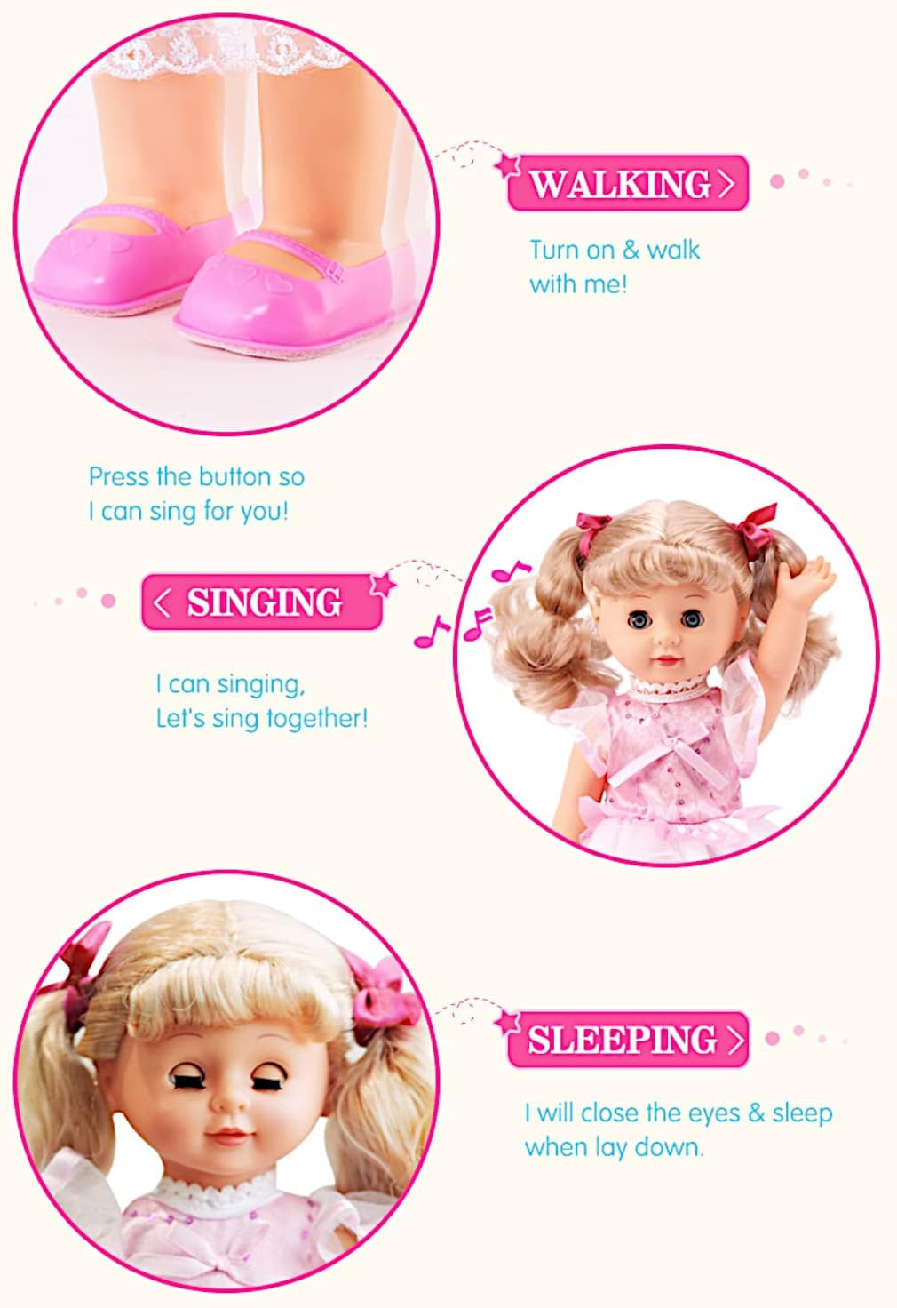 12" Princess Walking Doll Interactive Vinyl Toy Baby Sonic Control Cuddly Girl Singing Talking Blonde Fashion Beauty with Blinking Eyes
