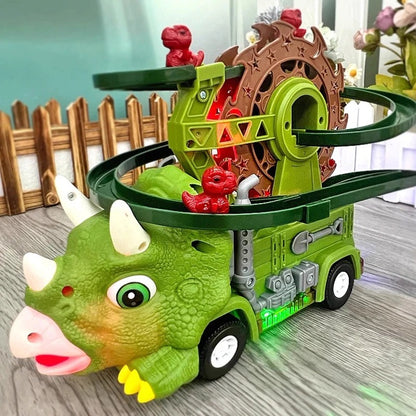 Dinosaur Track Car Set, Dinosaur Toy for Boys, Electric Learning Toy, Toddler Roller Coaster, Stair Slide Roller Coaster Toys for Toddlers, Triceratops Slide Toy, Interactive Light & Music Baby Toys