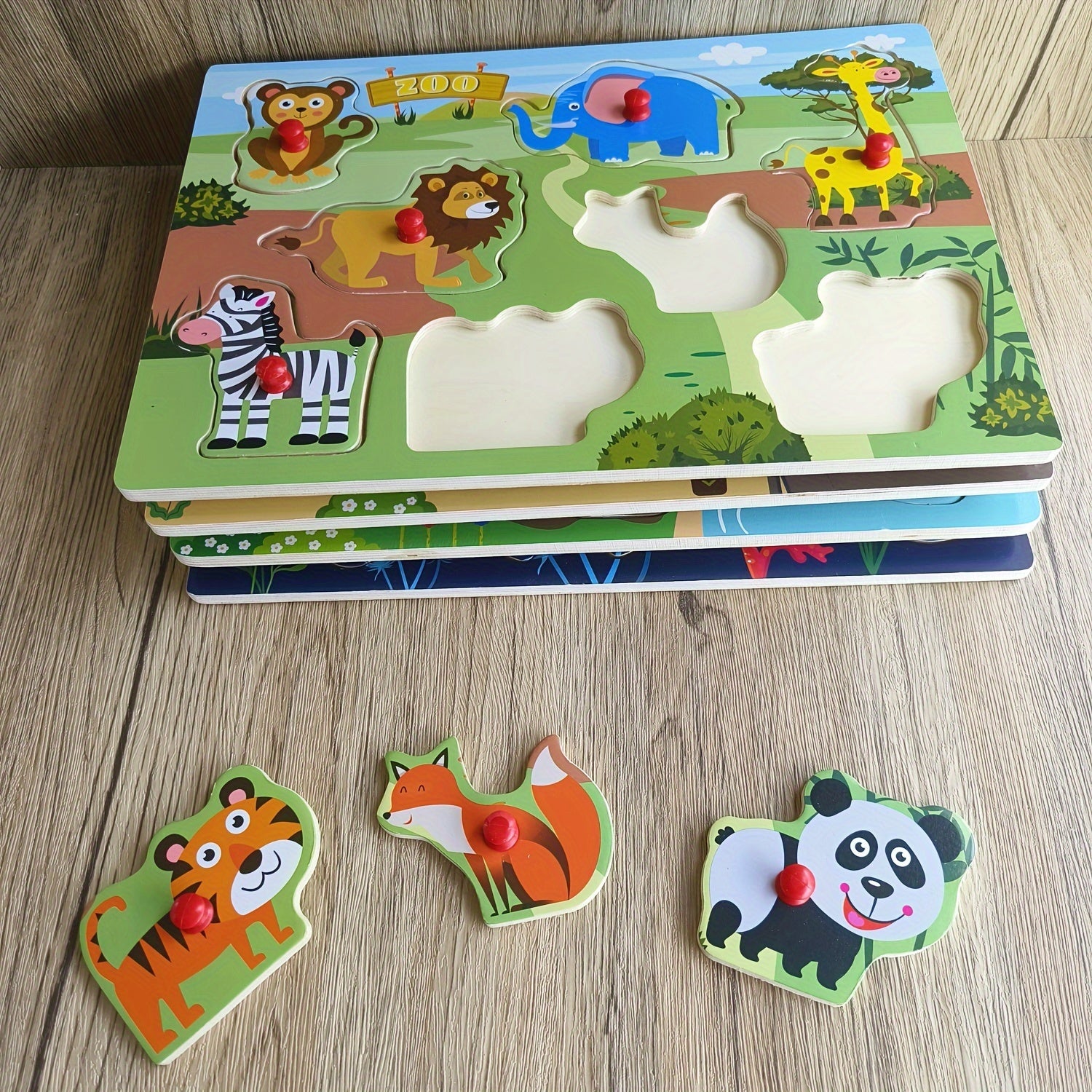 Peg  Puzzle Set of 4 (32 pcs), Wooden Knob Puzzles forToddlers  Farm Zoo Christmas, Halloween Gift