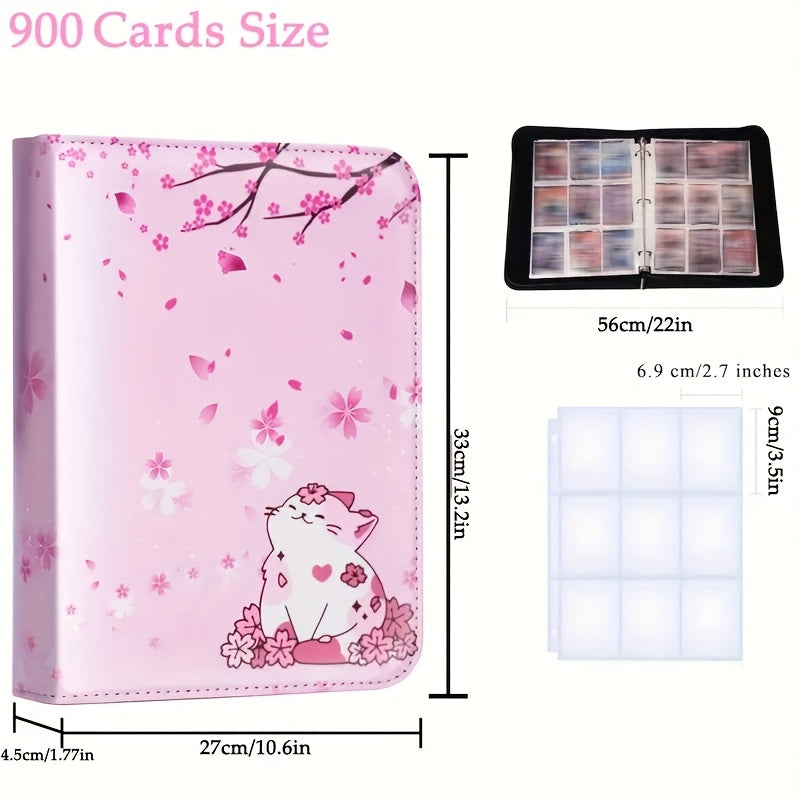900 Pocket Zippered Collector's Album with Floral Design,- Premium PU Leather Trading Card Binder. Pink Cherry Blossom & Cat Illustration, Waterproof & Durable for Sports And Trading Game Cards