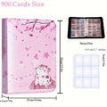 900 Pocket Zippered Collector's Album with Floral Design,- Premium PU Leather Trading Card Binder. Pink Cherry Blossom & Cat Illustration, Waterproof & Durable for Sports And Trading Game Cards