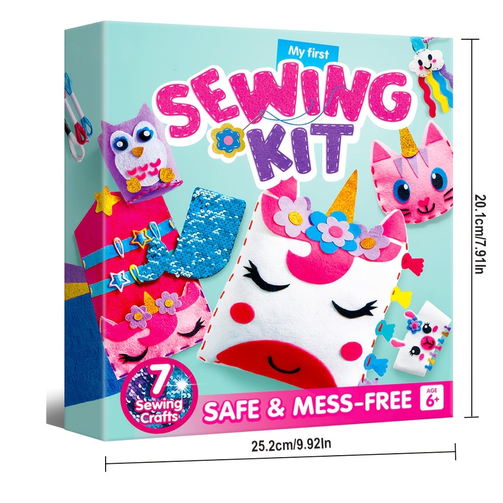 1 SET 7 Sewing Projects- My First Felt Sewing Kit Toys for Kids, Easy DIY Wildlife Artworks Of Unicorn Pillow And Mermaid Card Holder, Birthday Christmas Gift for Boys And Girls Aged 6+
