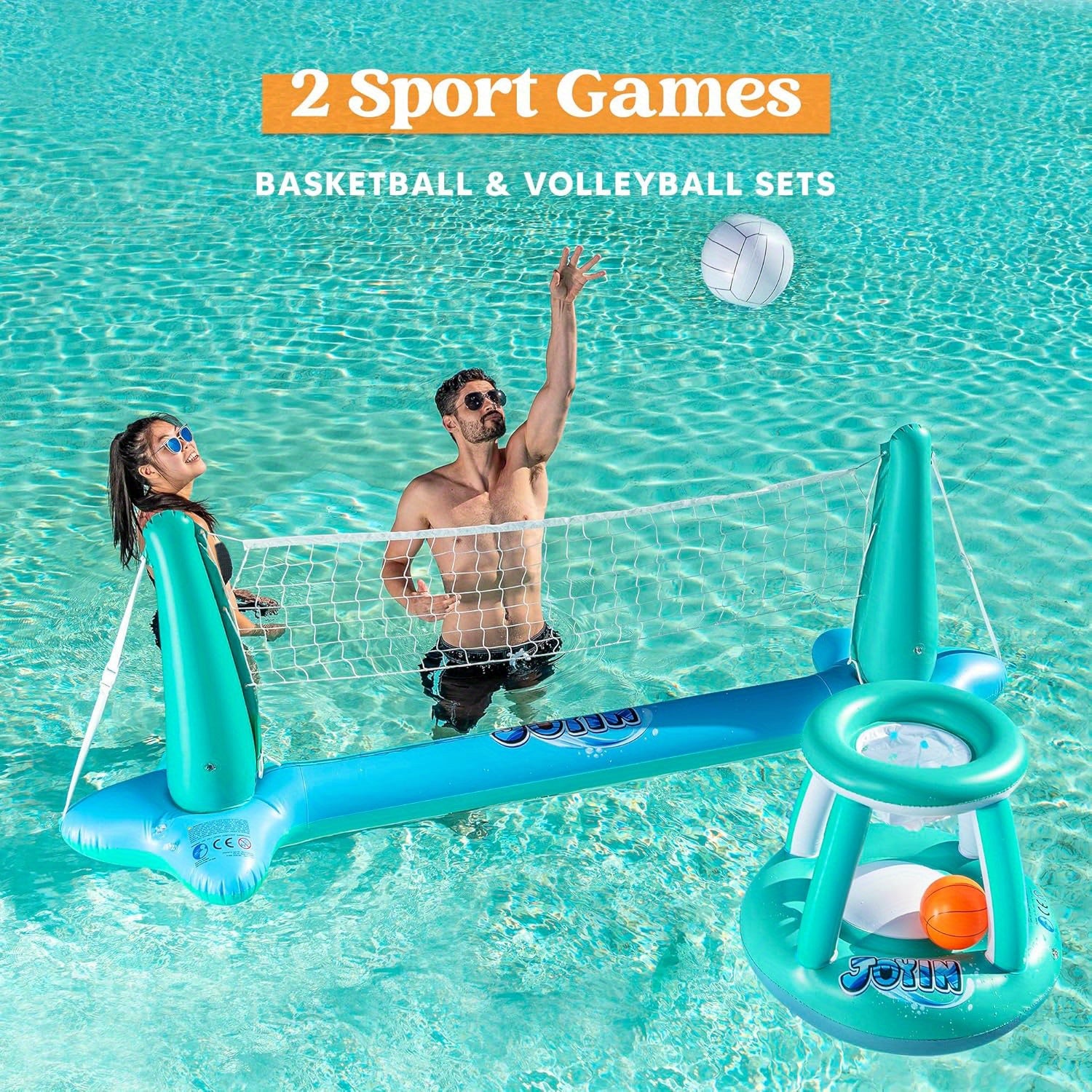SYNCFUN Inflatable Pool Float Set Volleyball Net & Basketball Hoops, Floating Swimming Game Toy for Kids And Adults, Summer Floaties, Pool Party Games & Activities, Volleyball Court (105''x28''x35'') Basketball (27''x23''x27''), L-Blue