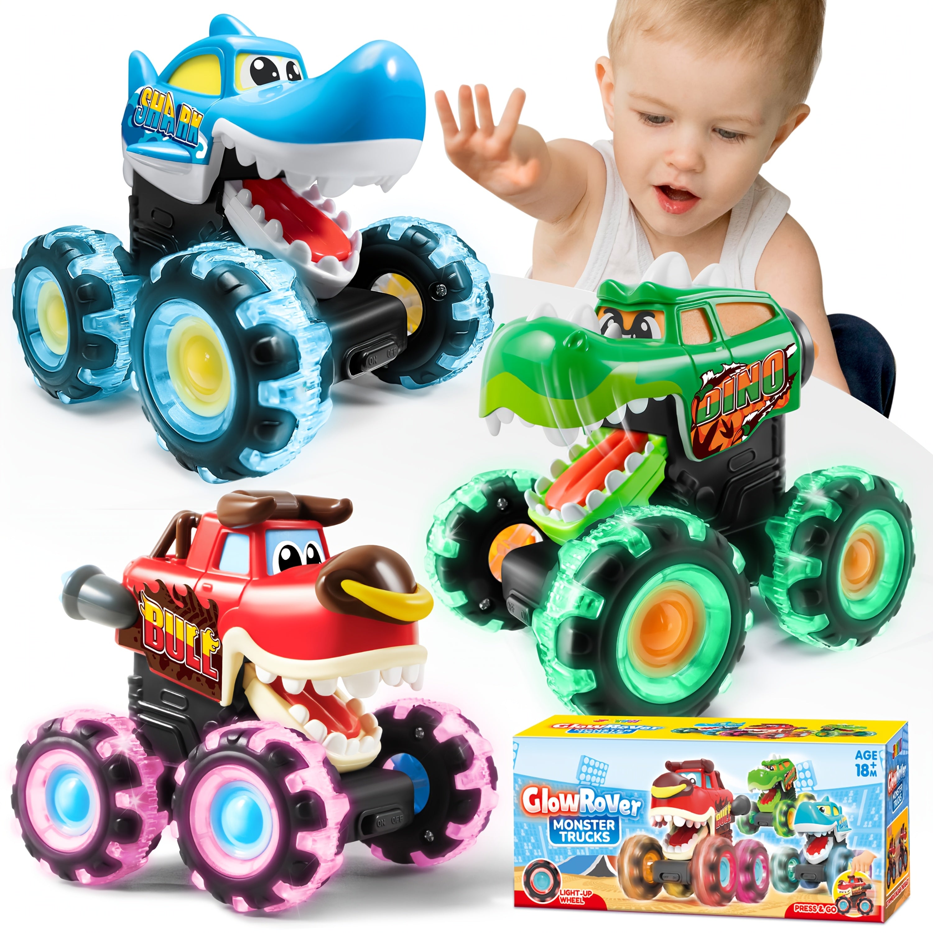 3 Packs Monster Truck Toy for Kids, Motion Activated Light-Up Cars for Toddlers - Monster Glow Rover LED Lightning Wheels, Press And Go Dinosaur Trucks, Baby Toy Present, Perfect Easter Birthday Gifts for Boys And Girls Age 708.66inch+