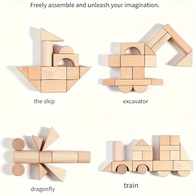 100pcs Solid Wood Block Set, Unpainted, Aiding Logical Thinking Development. Made of Beech Material, Suitable for 3-12 Year Old Children to Create Educational Toys. Boy Toy, Wooden Castle Set, Large Wooden Stacking Toy, Puzzle Toy, Toy