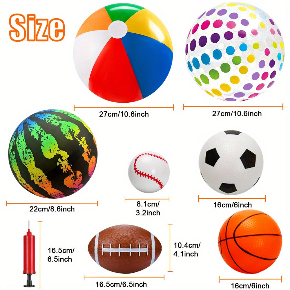 7pcs Ball Toy Set (with Air Pump) -10.6-inch Large Playground Ball to 6-inch Basketball/football/rugby, Suitable for Home, Yard, Pool, Classroom, Park Use, Ideal Party Gift for Children of 472.44inch+