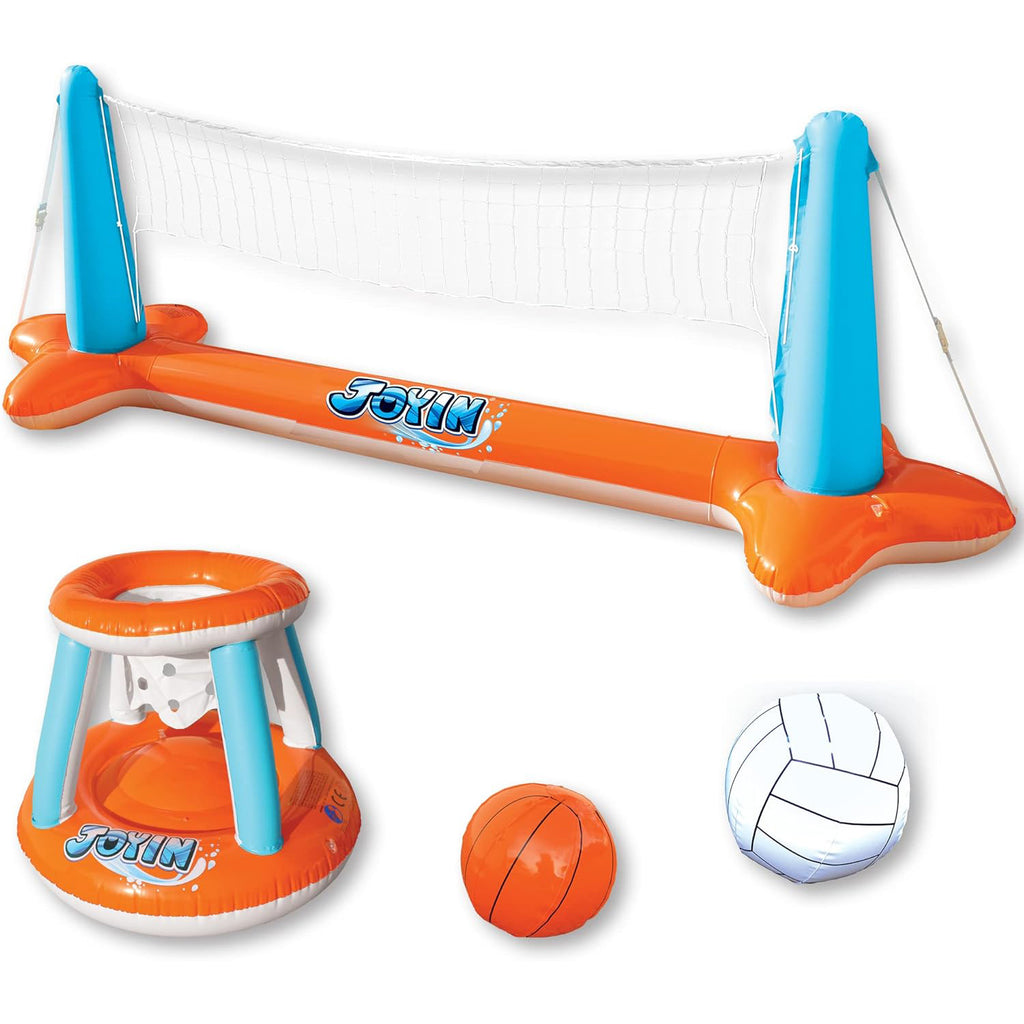 SYNCFUN Inflatable Pool Float Set Volleyball Net & Basketball Hoops, Floating Swimming Party Games & Activities Toy for Kids And Adults, Summer Floaties, Volleyball Court Basketball, L-Orange