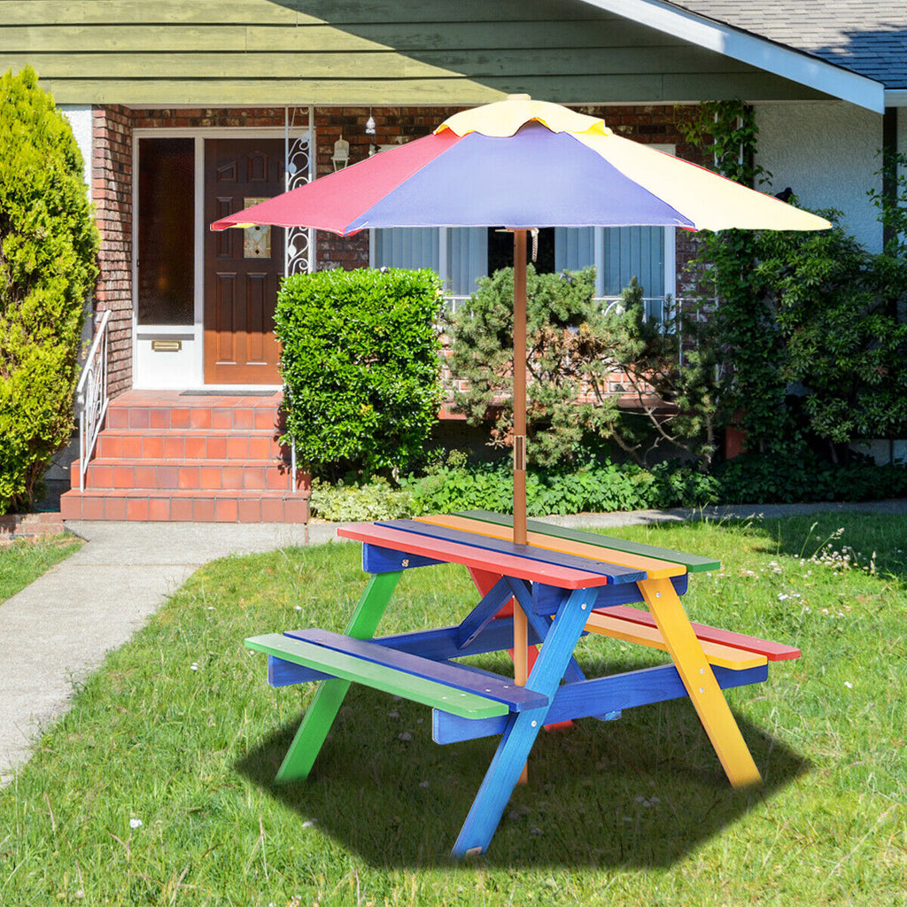 COSTWAY Kids Picnic Table Set, Wood Table and Bench Set with Removable & Foldable Umbrella, Stable Construction, Indoor Outdoor Picnic Table Bench Set for Toddlers, Great Gift for Boys & Girls