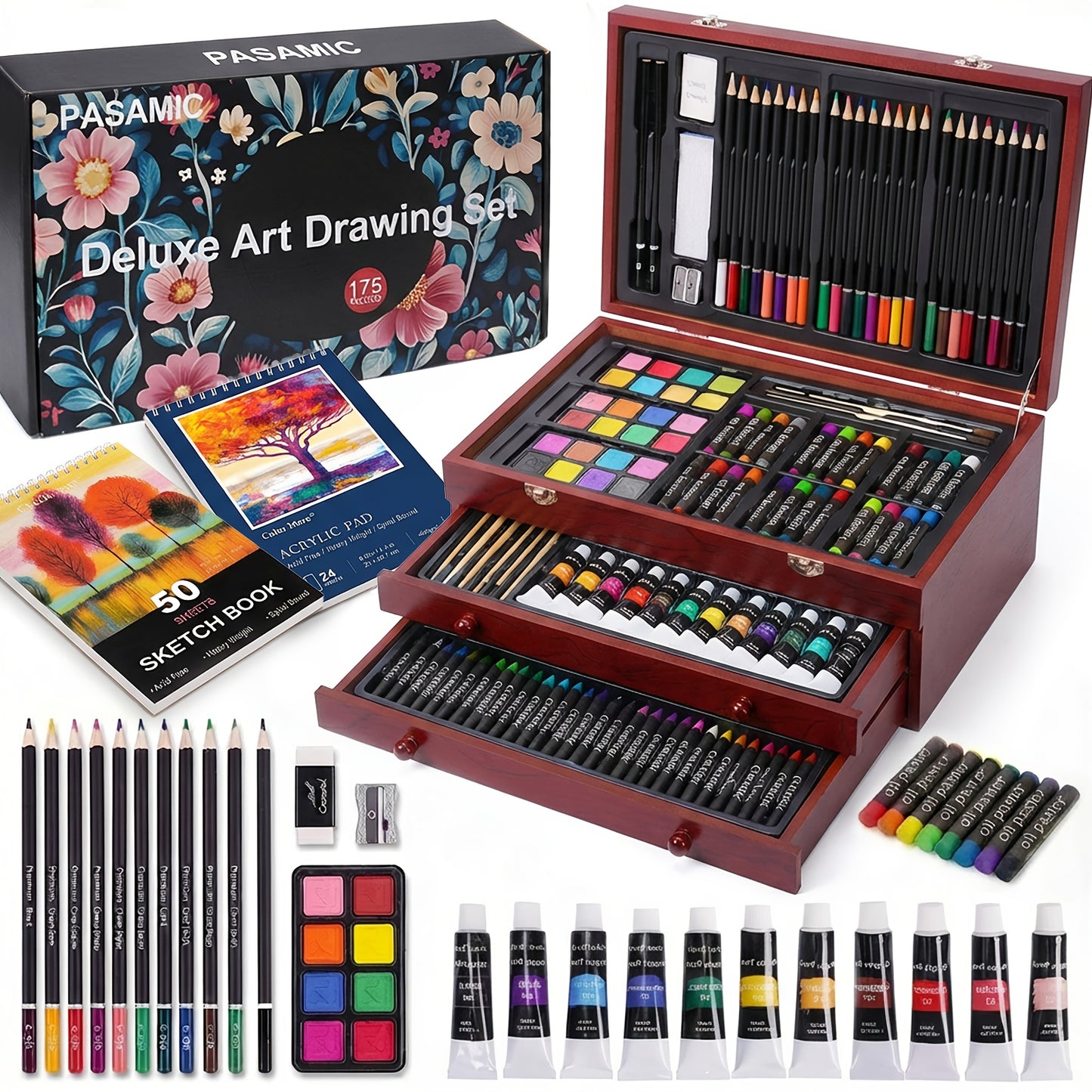[Gift, Easter, St.Patrick's Day] 175pcs Deluxe Art Set With 2 Drawing Pads, Crayons, Acrylic Paints, Colored Pencils Set In Wooden Case, Professional Art Kit, Paint Supplies, Gift, Easter, St.Patrick's Day, Art & Drawing Toys