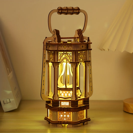 3D Wooden Puzzles Rotating Vintage LED Lantern Hands-On Activity Desk Decor Gifts for Christmas Gift