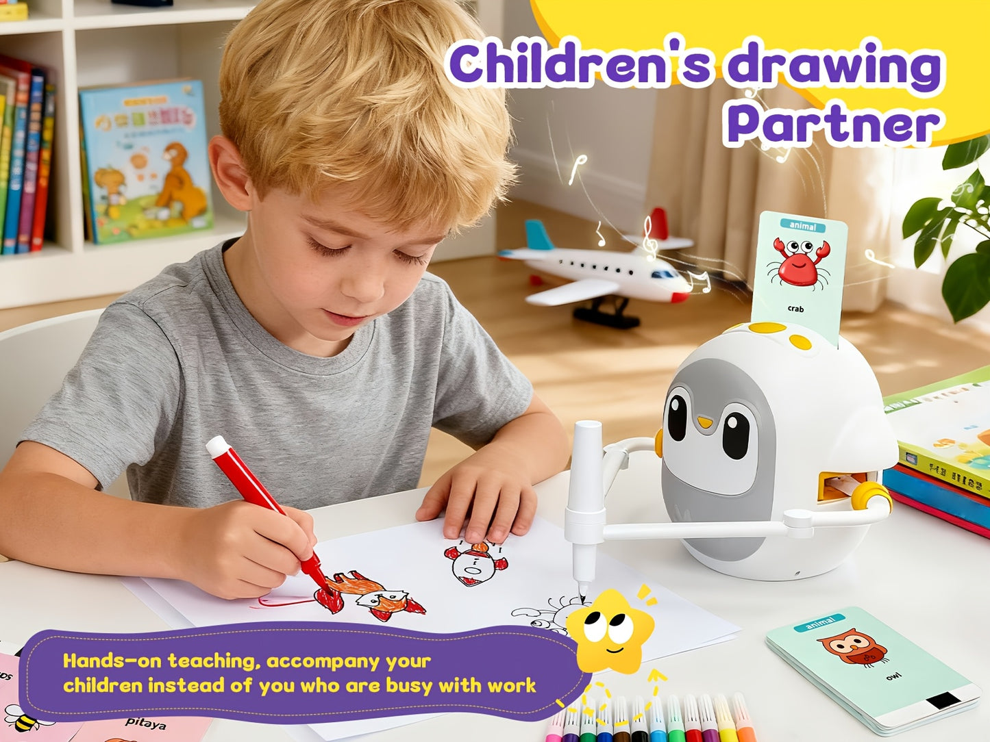 Drawing Robot for Kids with 200 Learning Cards & 12 Color Pens | Interactive Educational Toy, Tablet-Free Drawing Game, Step-by-Step Lessons, Suitable for Boys & Girls Ages 3+, ABS Material, USB Charging