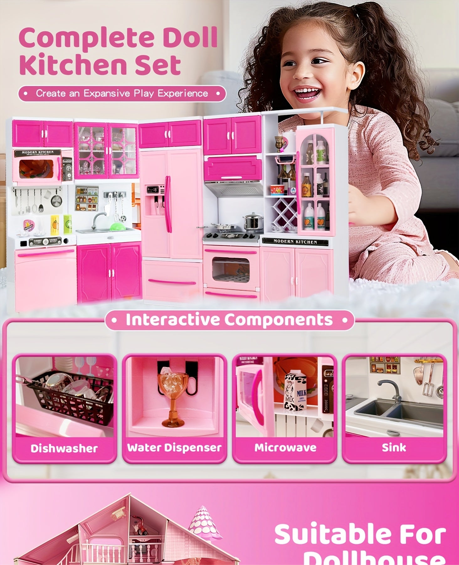 64pcs Pink Kitchen Toys with Lights And Sounds Mini Furniture Sets Doll Playset Toys