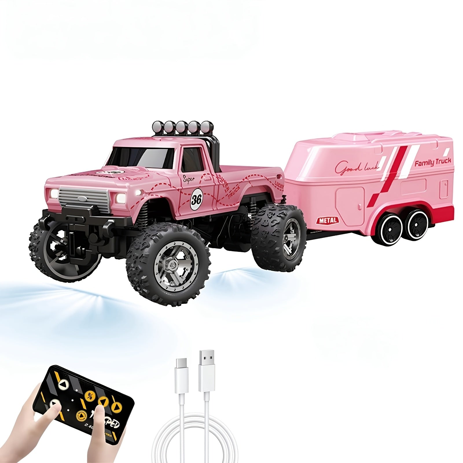 Small Die-Cast Remote-Controlled Vehicle, 1/64 Scale Mini RC Off-Road Truck with a Trailer, 2.4Ghz Climbing Vehicle, Rechargeable Die-Cast Mini RC Car with Lights, Adjustable Speed And Steering, Pocket-Sized Toy, Palm-Sized Toy