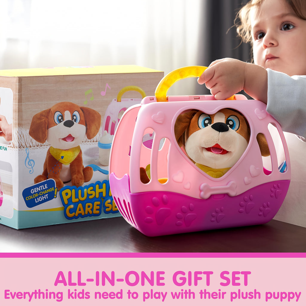 SYNCFUN Interactive Plush Dog Toy Suitable for Kids with Carrier & Accessories - Responsive Puppy with Music, Lights & Sounds, Soft Pet for Gifts, Birthday Presents for Girls 18 Months+
