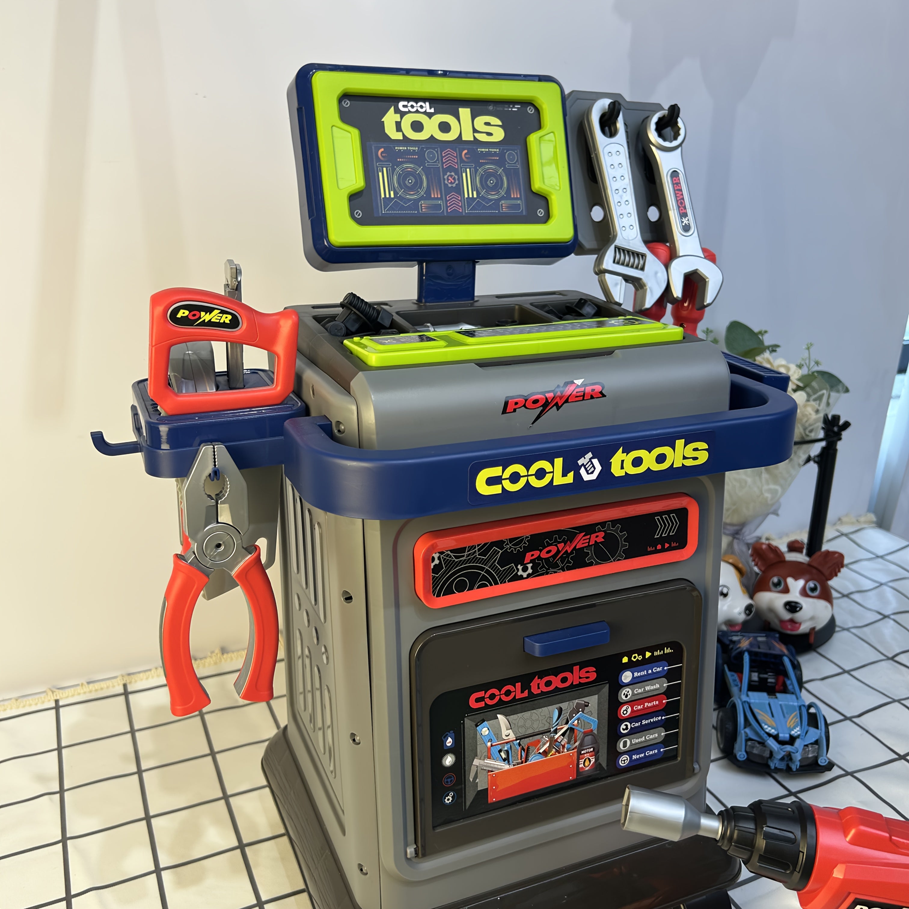 THCBME Kids All-in-One Tool Kit with 41+ Accessories, Folding Workbench & Electric Drill Toy - STEM Engineering Playset with Storage, Interactive Construction Playbench with Tool Storage, Realistic Role-Play Set for Boys & Girls Ages 3-5, - Drill with Gua