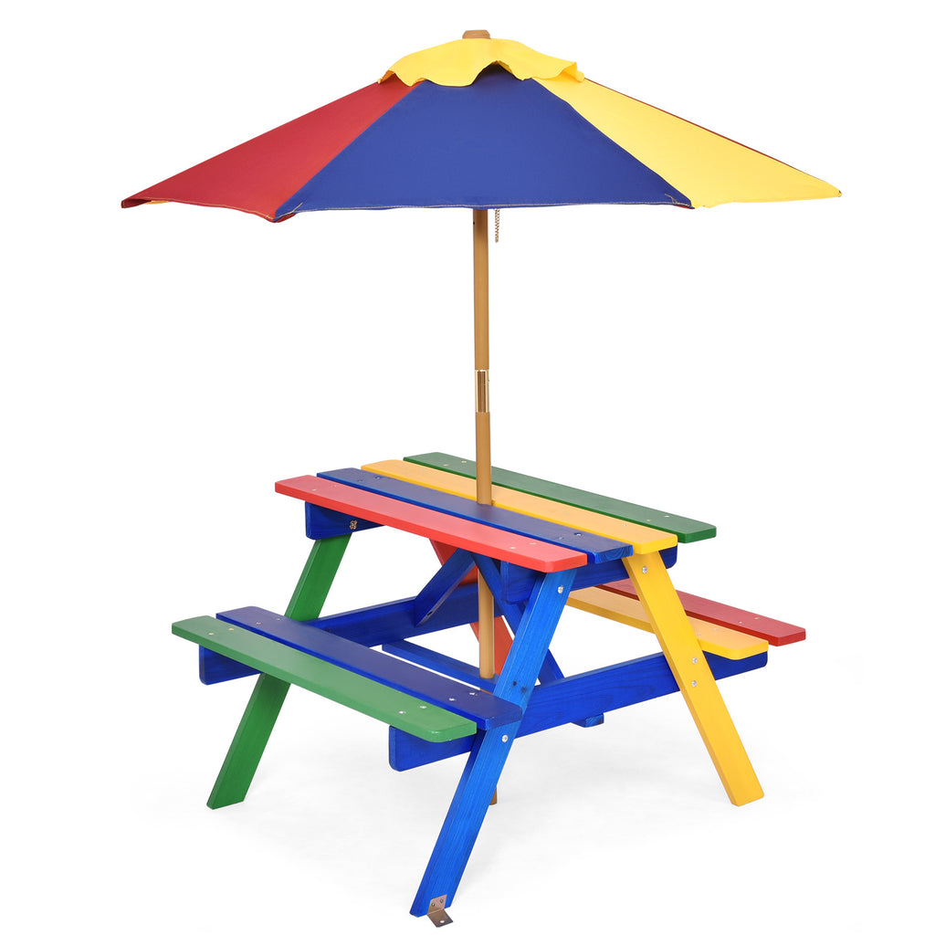 COSTWAY Kids Picnic Table Set, Wood Table and Bench Set with Removable & Foldable Umbrella, Stable Construction, Indoor Outdoor Picnic Table Bench Set for Toddlers, Great Gift for Boys & Girls